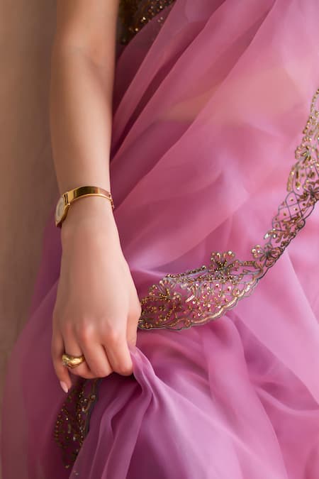 Sarang Kaur Purple Chanderi Silk Hand Organza Saree With Unstitched Blouse Piece Online at Aza Fashions Sarang Kaur_Purple Chanderi Silk Hand Organza Saree With Unstitched Blouse Piece _Online_at_Aza_Fashions