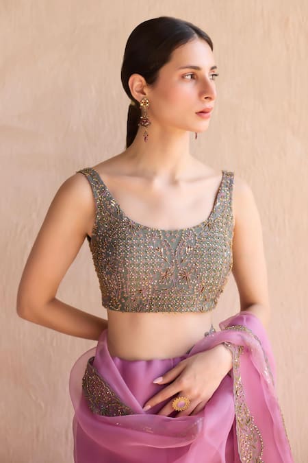 Shop Sarang Kaur Purple Chanderi Silk Hand Organza Saree With Unstitched Blouse Piece Online at Aza Fashions Shop_Sarang Kaur_Purple Chanderi Silk Hand Organza Saree With Unstitched Blouse Piece _Online_at_Aza_Fashions