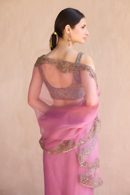 Sarang Kaur Hand Embroidered Organza Silk Saree With Unstitched Blouse Piece 