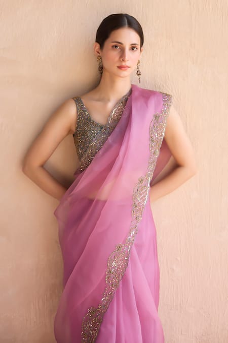 Sarang Kaur Purple Chanderi Silk Hand Organza Saree With Unstitched Blouse Piece at Aza Fashions Sarang Kaur_Purple Chanderi Silk Hand Organza Saree With Unstitched Blouse Piece _at_Aza_Fashions