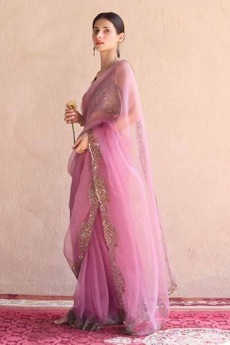 Shop Sarang Kaur Purple Chanderi Silk Hand Organza Saree With Unstitched Blouse Piece Shop_Sarang Kaur_Purple Chanderi Silk Hand Organza Saree With Unstitched Blouse Piece