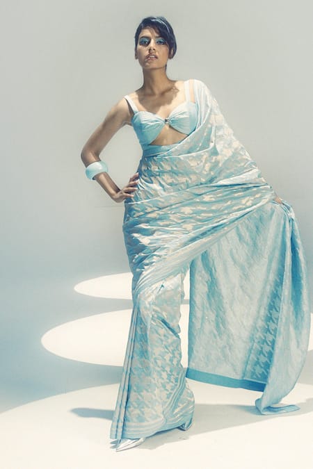 Ekaya Banaras Houndstooth Silk Saree With Unstitched Blouse Piece 