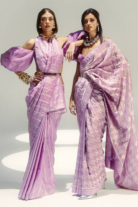 Ekaya Banaras Lilac Silk Zari Houndstooth Saree With Unstitched Blouse Piece Online at Aza Fashions Ekaya Banaras_Lilac Silk Zari Houndstooth Saree With Unstitched Blouse Piece _Online_at_Aza_Fashions