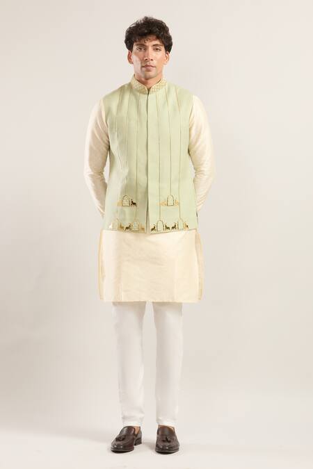 Shop_Runit Gupta_Green Embroidery Elephant Motif Nehru Jacket 