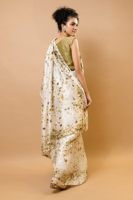 Shop_Krishna Mehta_Beige Silk Round Neck Natural Colors Printed Saree And Blouse Set _at_Aza_Fashions