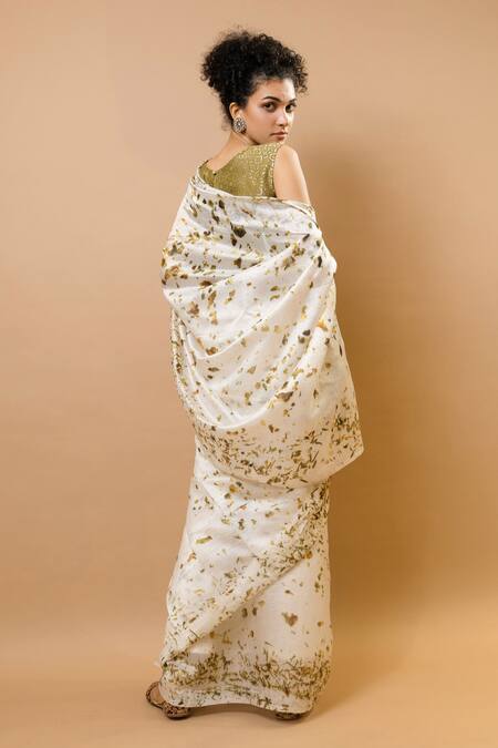 Shop_Krishna Mehta_Beige Silk Round Neck Natural Colors Printed Saree And Blouse Set _Online_at_Aza_Fashions