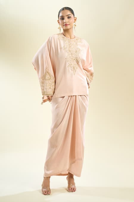 Buy_Anamika Khanna_Pink Sequins, Pearls, Zari Round Floral Embroidered Kurta And Draped Skirt Set _Online_at_Aza_Fashions