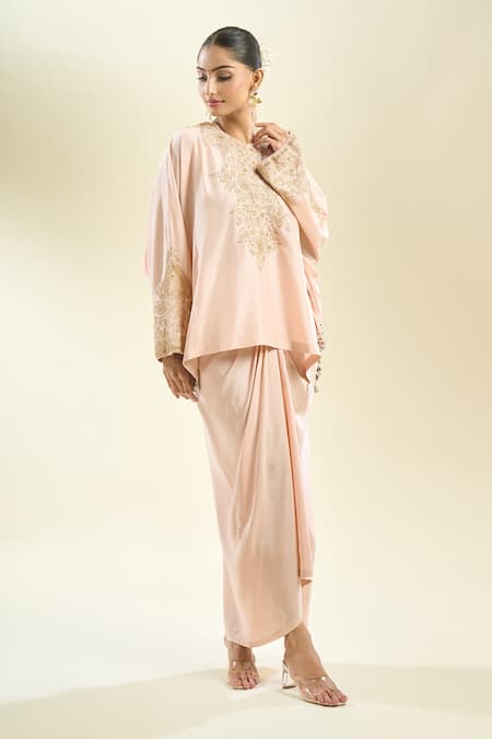 Shop_Anamika Khanna_Pink Sequins, Pearls, Zari Round Floral Embroidered Kurta And Draped Skirt Set _Online_at_Aza_Fashions