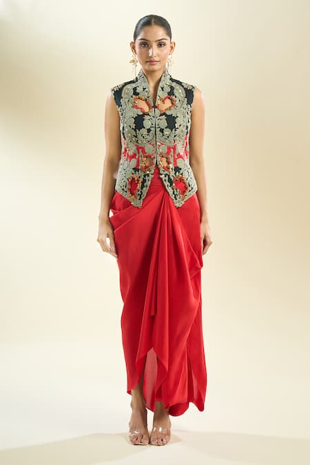 Anamika Khanna_Red Cotton, Polyester Embroidery Collared Cutwork Jacket With Draped Skirt _Online_at_Aza_Fashions