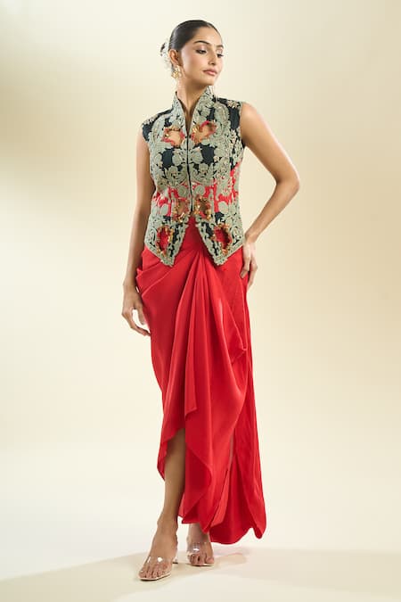 Buy_Anamika Khanna_Red Cotton, Polyester Embroidery Collared Cutwork Jacket With Draped Skirt _Online_at_Aza_Fashions