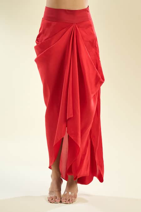 Anamika Khanna_Red Cotton, Polyester Embroidery Collared Cutwork Jacket With Draped Skirt _at_Aza_Fashions