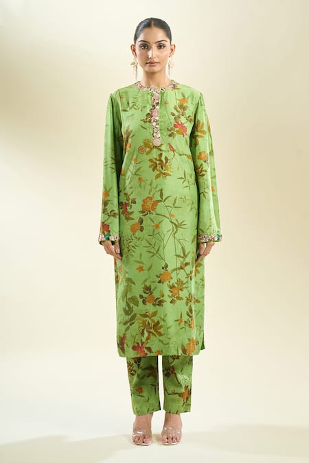 Anamika Khanna_Green Embroidery Round Neck Botanical Print Kurta Set _Online_at_Aza_Fashions