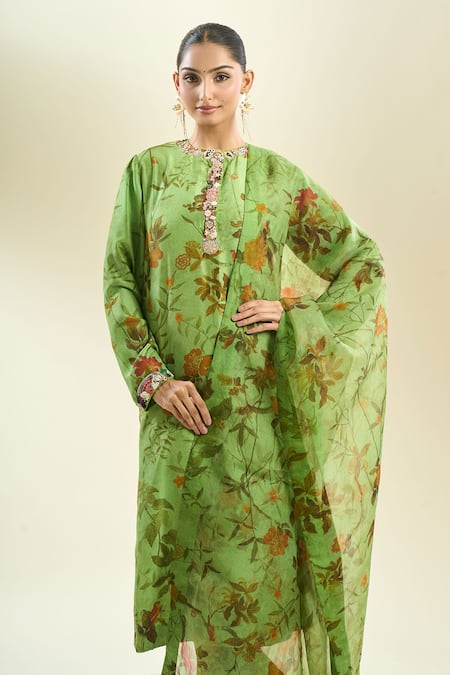 Shop_Anamika Khanna_Green Embroidery Round Neck Botanical Print Kurta Set _Online_at_Aza_Fashions
