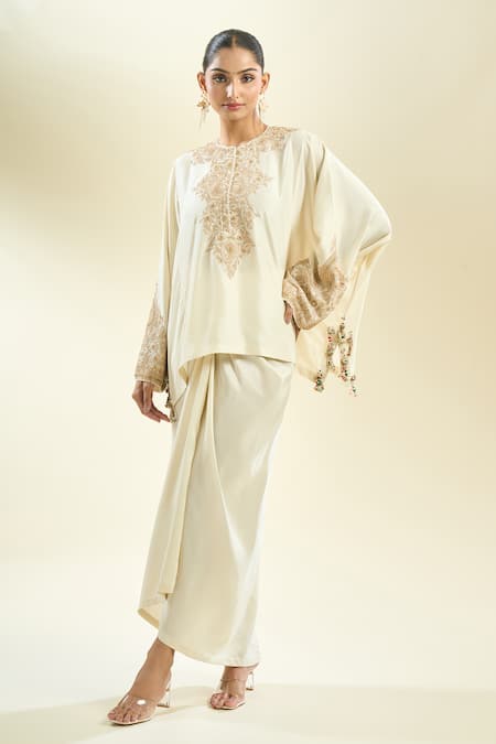 Shop_Anamika Khanna_Ivory Sequins, Pearls, Embroidery Round Neck Floral Kurta And Draped Skirt _Online_at_Aza_Fashions