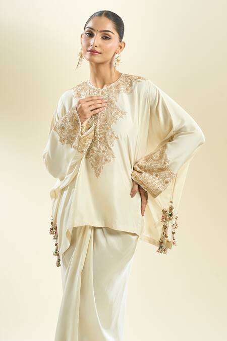 Anamika Khanna_Ivory Sequins, Pearls, Embroidery Round Neck Floral Kurta And Draped Skirt _at_Aza_Fashions