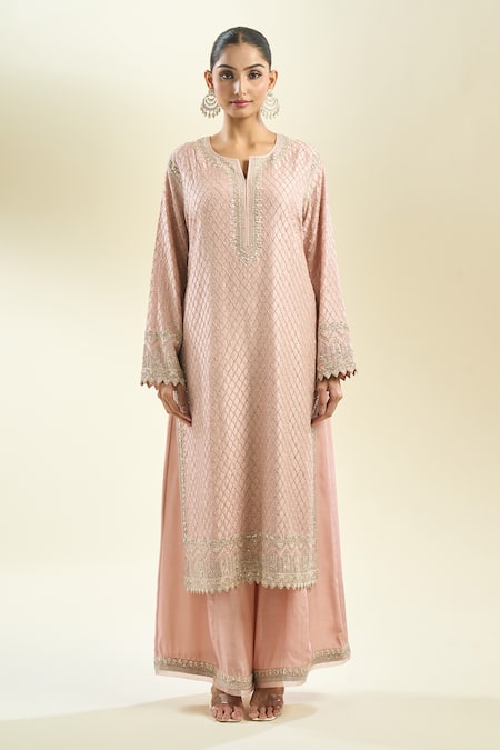 Buy_Anushree Reddy_Pink Cut Work, Sequins, Beads, Embroidery Open Neck Floral Kurta Set _Online_at_Aza_Fashions