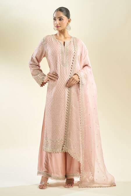 Shop_Anushree Reddy_Pink Cut Work, Sequins, Beads, Embroidery Open Neck Floral Kurta Set _Online_at_Aza_Fashions