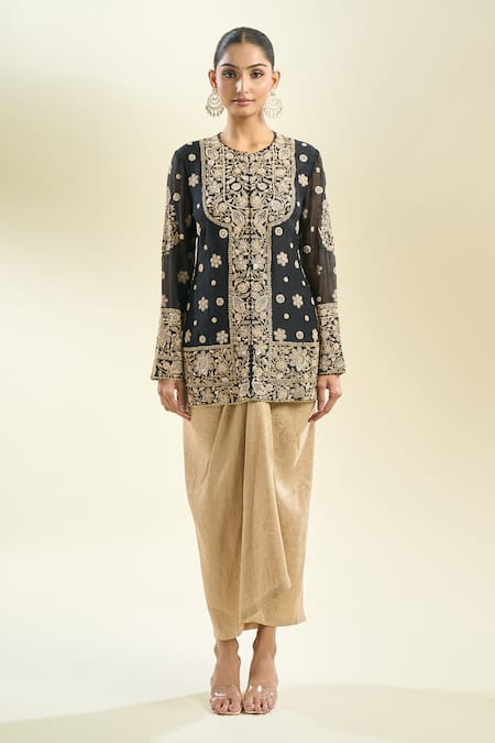 Buy_Anamika Khanna_Black Sequins, Pearls, Embroidery Round Neck Floral Kurta And Draped Skirt Set 