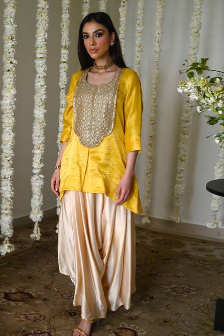 Buy_Shorshe Clothing_Yellow Chanderi, Brocade, Satin Embroidery Round Neck Tissue Kurta Set _Online_at_Aza_Fashions
