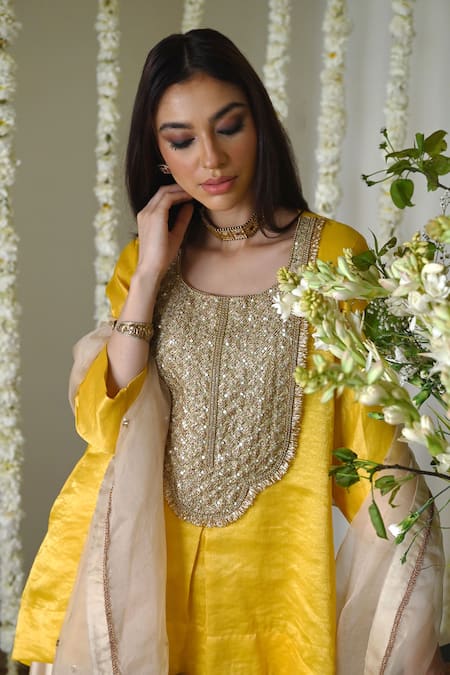 Shop_Shorshe Clothing_Yellow Chanderi, Brocade, Satin Embroidery Round Neck Tissue Kurta Set _Online_at_Aza_Fashions