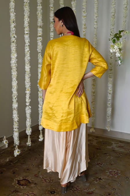 Shop_Shorshe Clothing_Yellow Chanderi, Brocade, Satin Embroidery Round Neck Tissue Kurta Set _at_Aza_Fashions