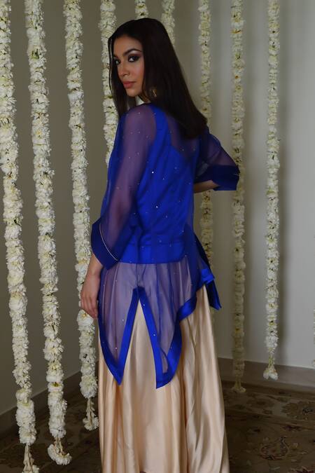 Shorshe Clothing Royal Blue Embroidered Kaftan Kurta Set Cowl Palazzo 