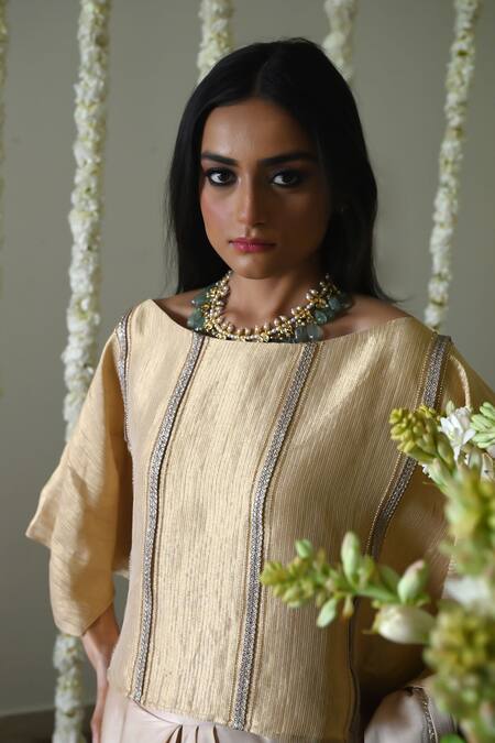 Buy_Shorshe Clothing_Ivory Satin, Silk, Georgette Lace Round Trimmed Modal Saree And Batwing Blouse _Online_at_Aza_Fashions
