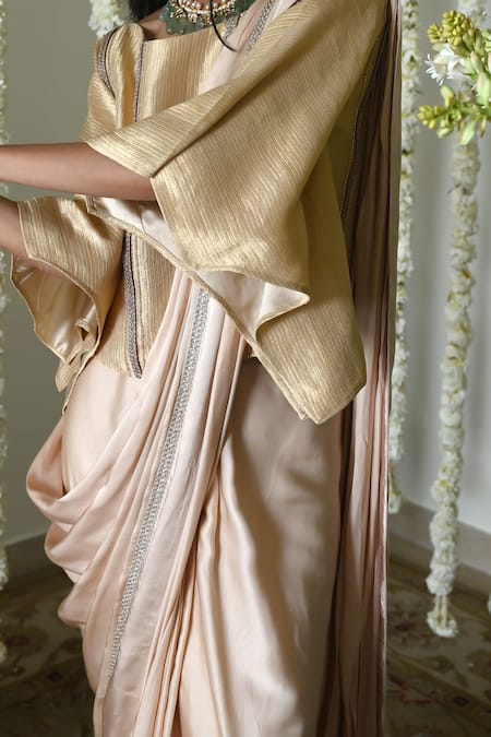 Shop_Shorshe Clothing_Ivory Satin, Silk, Georgette Lace Round Trimmed Modal Saree And Batwing Blouse _Online_at_Aza_Fashions