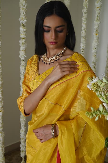 Shorshe Clothing_Yellow Handloom Cotton, Tissue Lace Jodhpur Gota Handwoven Saree _Online_at_Aza_Fashions