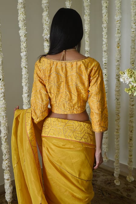 Shop_Shorshe Clothing_Yellow Handloom Cotton, Tissue Lace Jodhpur Gota Handwoven Saree _at_Aza_Fashions