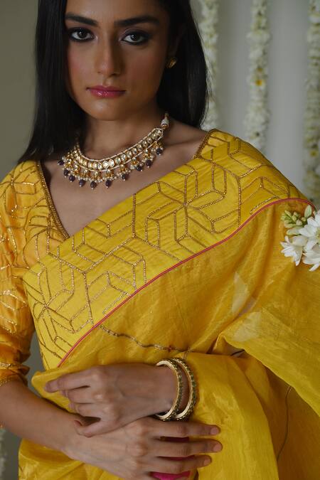 Shop_Shorshe Clothing_Yellow Handloom Cotton, Tissue Lace Jodhpur Gota Handwoven Saree _Online_at_Aza_Fashions