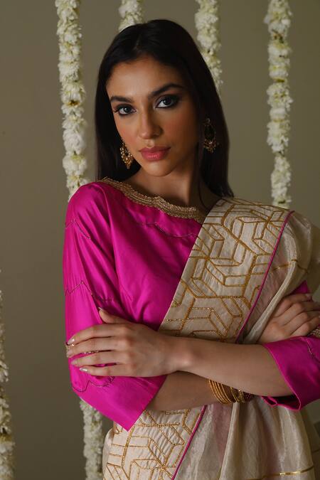 Shorshe Clothing_Ivory Handloom Cotton Embroidery Gota Handwoven Saree _Online_at_Aza_Fashions