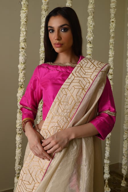 Shop_Shorshe Clothing_Ivory Handloom Cotton Embroidery Gota Handwoven Saree _Online_at_Aza_Fashions