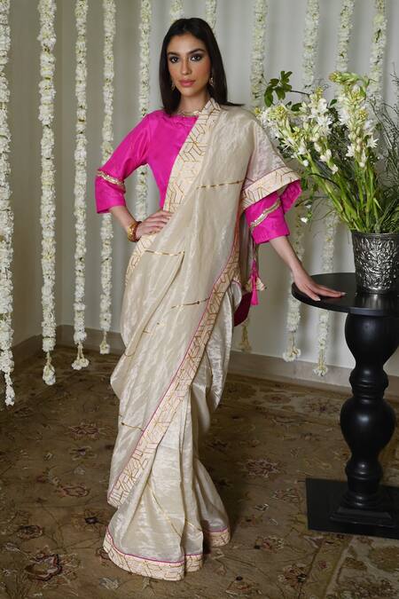 Shorshe Clothing_Ivory Handloom Cotton Embroidery Gota Handwoven Saree _at_Aza_Fashions