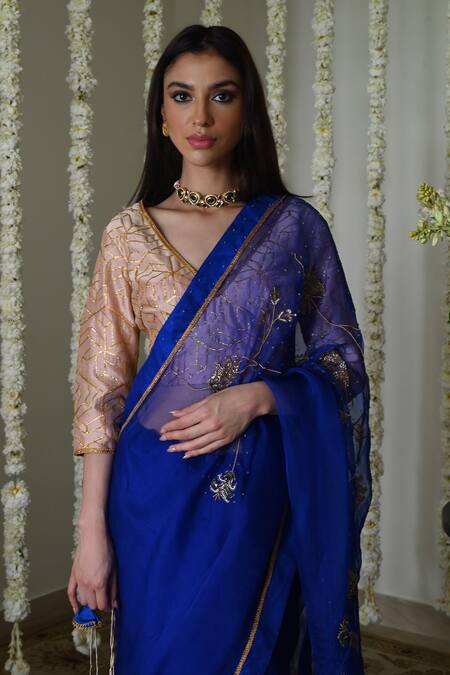 Shorshe Clothing_Blue Organza Embroidery Royal Saree With Handwork _Online_at_Aza_Fashions
