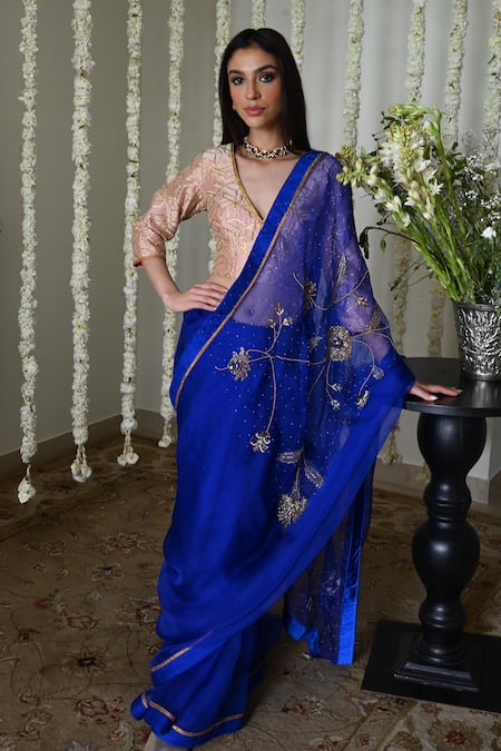 Buy_Shorshe Clothing_Blue Organza Embroidery Royal Saree With Handwork _Online_at_Aza_Fashions