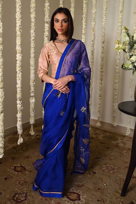 Shop_Shorshe Clothing_Blue Organza Embroidery Royal Saree With Handwork _Online_at_Aza_Fashions