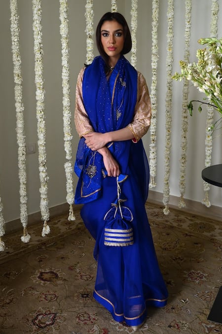 Shorshe Clothing_Blue Organza Embroidery Royal Saree With Handwork _at_Aza_Fashions