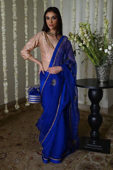 Shorshe Clothing Royal Blue Organza Saree with Handwork 