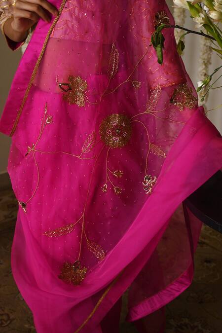 Shorshe Clothing_Pink Organza Embroidery, Lace Jahan Ara Saree With Handwork _Online_at_Aza_Fashions