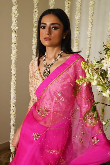 Buy_Shorshe Clothing_Pink Organza Embroidery, Lace Jahan Ara Saree With Handwork _Online_at_Aza_Fashions