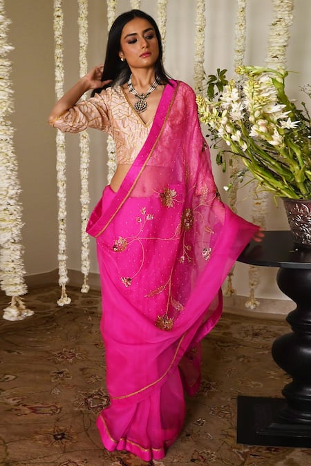 Shop_Shorshe Clothing_Pink Organza Embroidery, Lace Jahan Ara Saree With Handwork _Online_at_Aza_Fashions