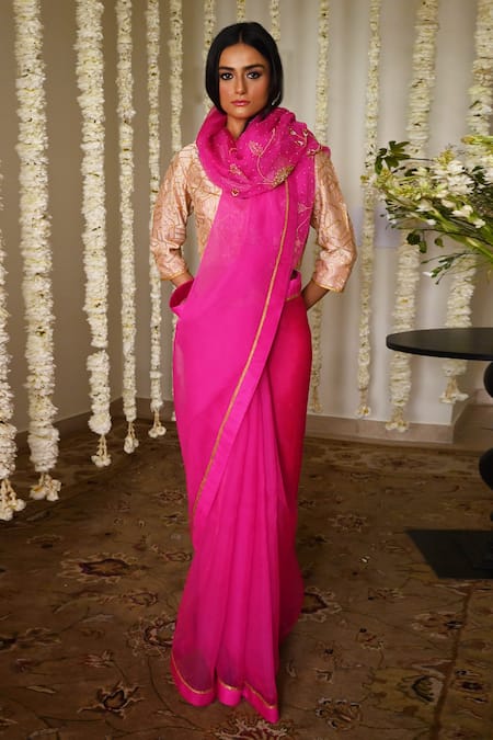 Shorshe Clothing_Pink Organza Embroidery, Lace Jahan Ara Saree With Handwork _at_Aza_Fashions