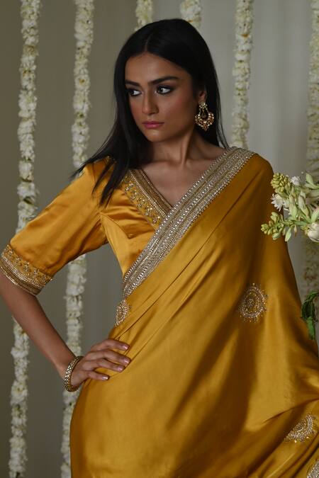 Shorshe Clothing_Satin, Silk Embroidery, Lace Ochre Laddoo Saree _Online_at_Aza_Fashions