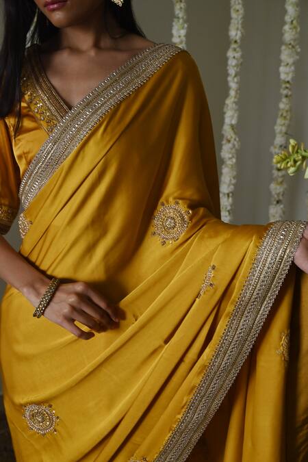 Buy_Shorshe Clothing_Satin, Silk Embroidery, Lace Ochre Laddoo Saree _Online_at_Aza_Fashions