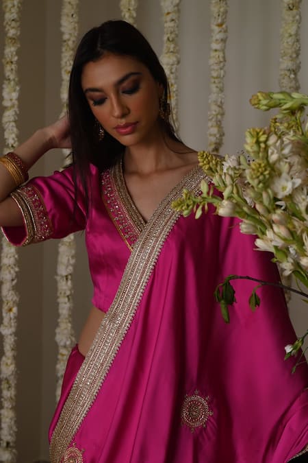 Shorshe Clothing_Pink Satin, Silk Lace, Embroidery Laddoo Saree _Online_at_Aza_Fashions