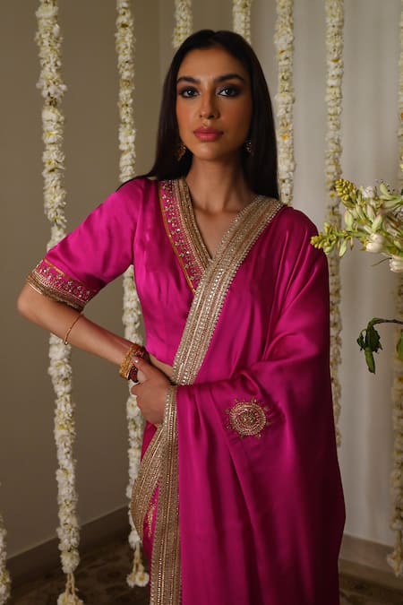 Buy_Shorshe Clothing_Pink Satin, Silk Lace, Embroidery Laddoo Saree _Online_at_Aza_Fashions