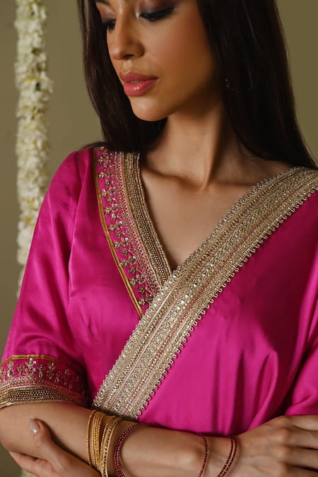 Shop_Shorshe Clothing_Pink Satin, Silk Lace, Embroidery Laddoo Saree _Online_at_Aza_Fashions
