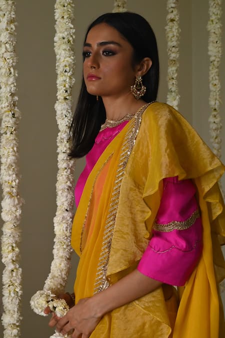 Shop_Shorshe Clothing_Yellow Chiffon, Tissue Lace Ruffle Saree With Trims _Online_at_Aza_Fashions