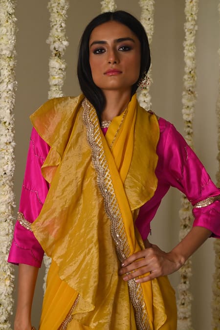 Shorshe Clothing_Yellow Chiffon, Tissue Lace Ruffle Saree With Trims _at_Aza_Fashions